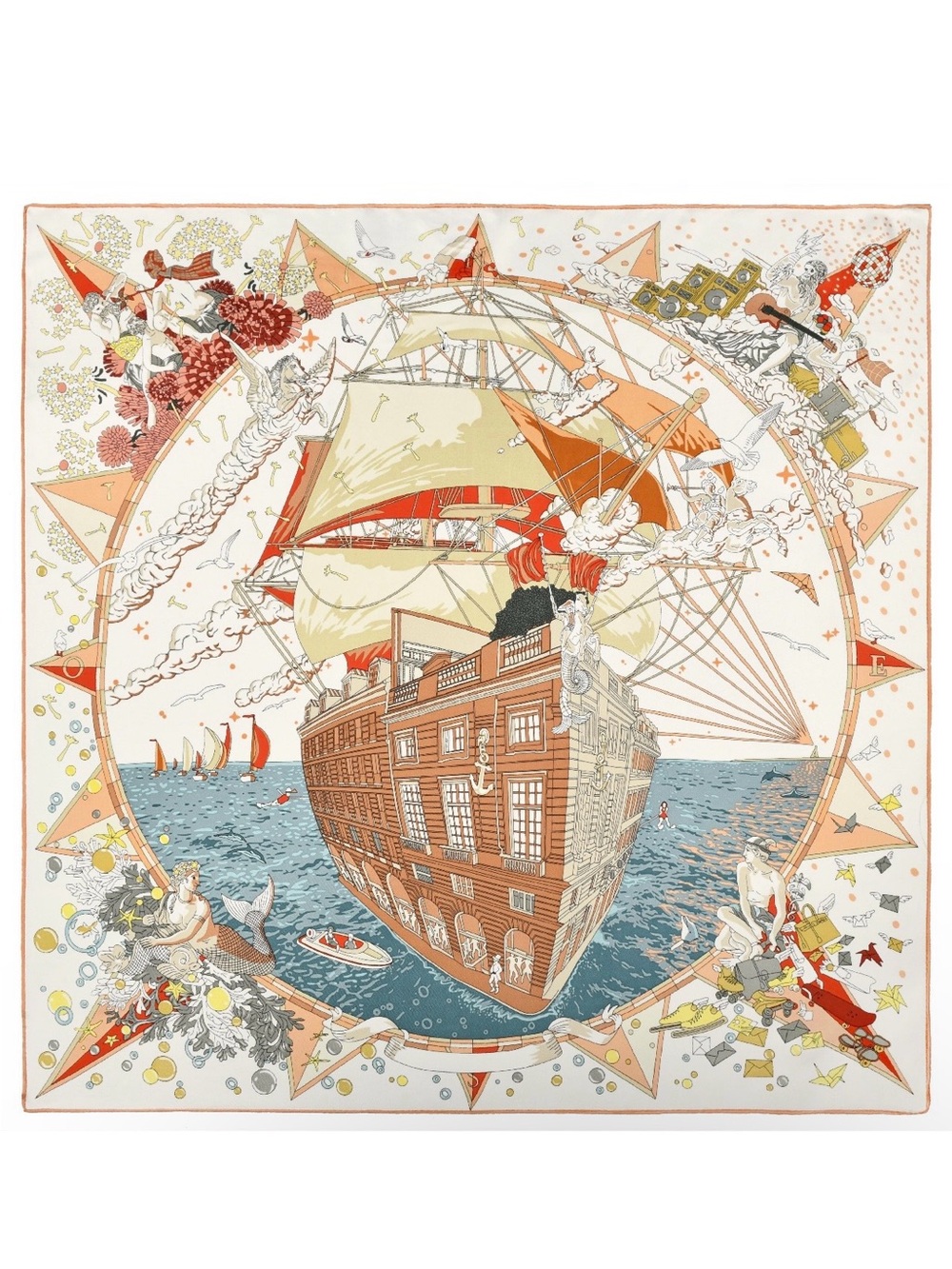 Colorful Nautical Ship Print Mulberry Silk Scarf by Carolina Lemke in box